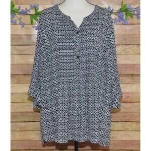 Catherines Women's Black 1/4 Button Up Blouse 2X 3/4 Bell Sleeves V-Neck Tunic